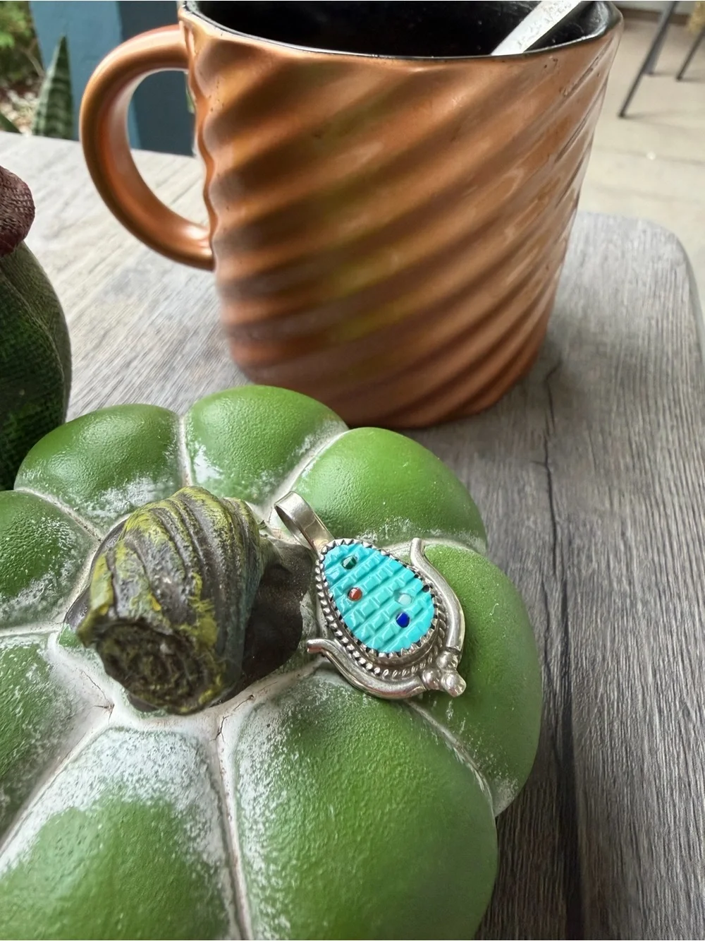 Native American Zuni Handmade Turquoise Corn Multi-Stone Teardrop Pendant Inlay